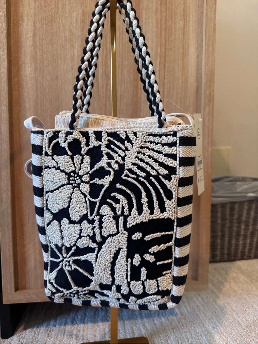 No Boundaries Black & White Beaded Floral Stripe Tote